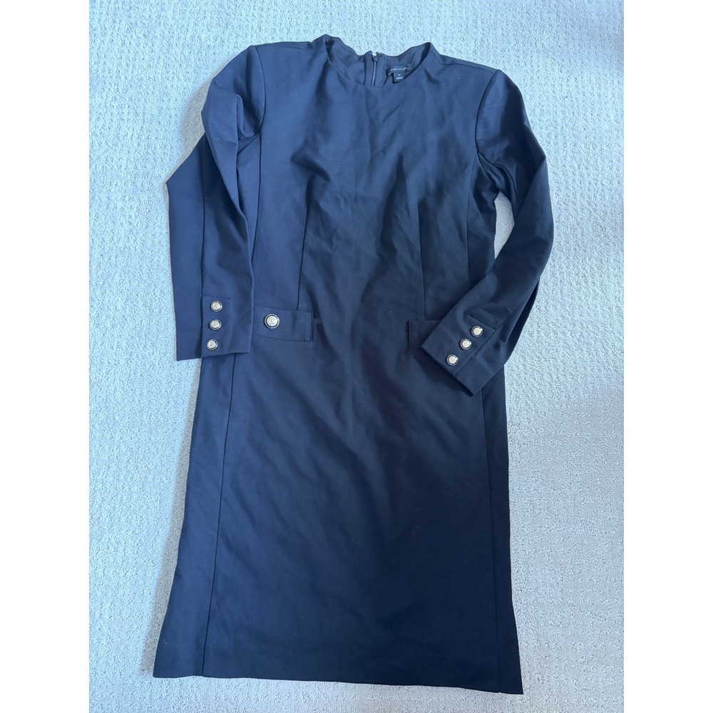 Ann Taylor Black Button Cuff Sheath Dress Petite 6P Career Workwear